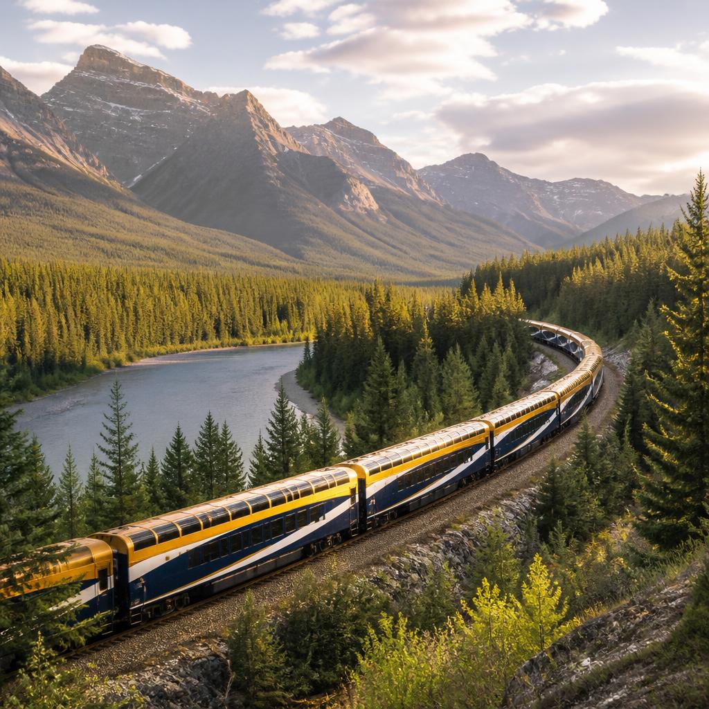Luxury train traveling through the Canadian Rockies
